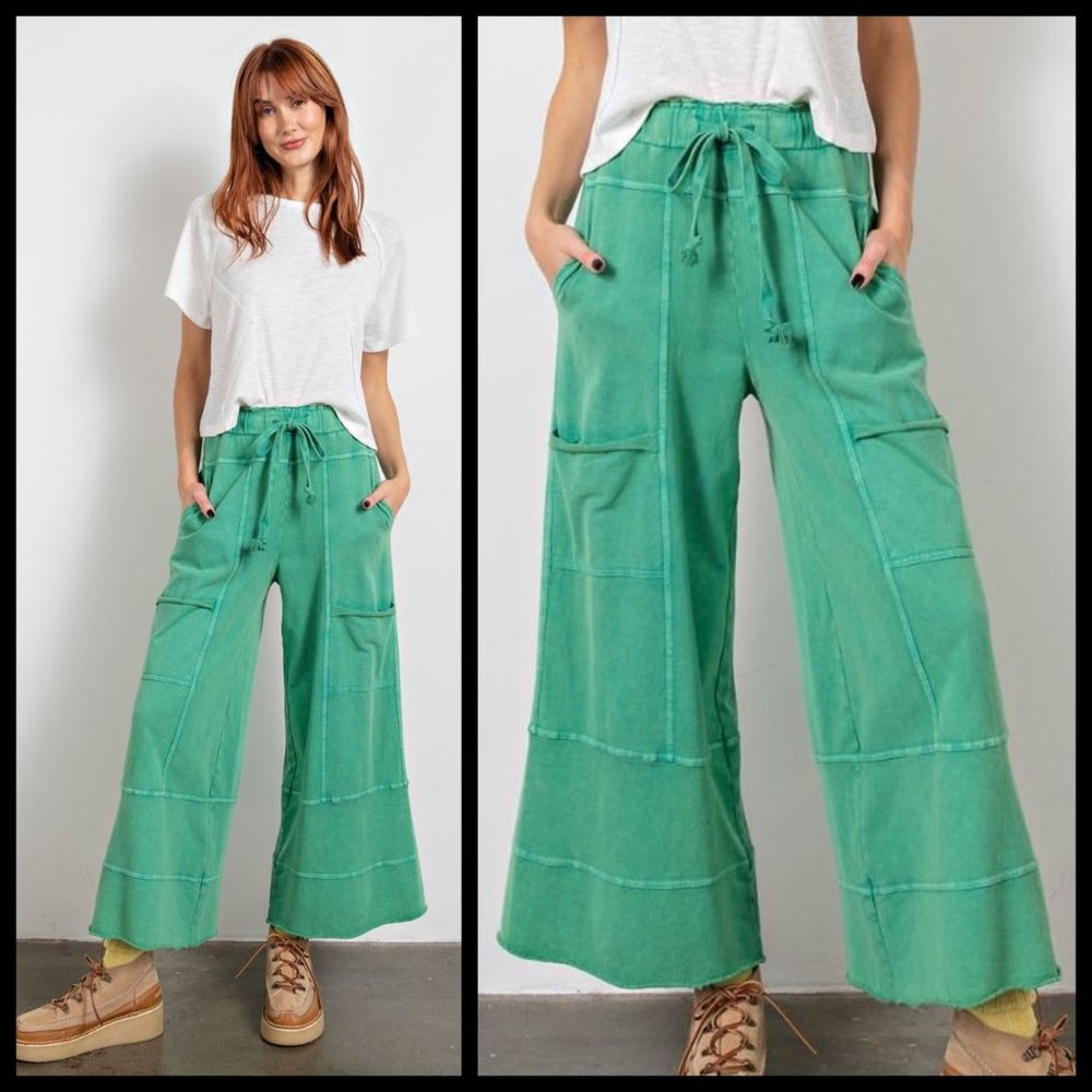 EASEL "Perfect Cargo" Terry Knit Mineral Washed Flared Leg Pants Raw Seams, Hems - Picture 7 of 15